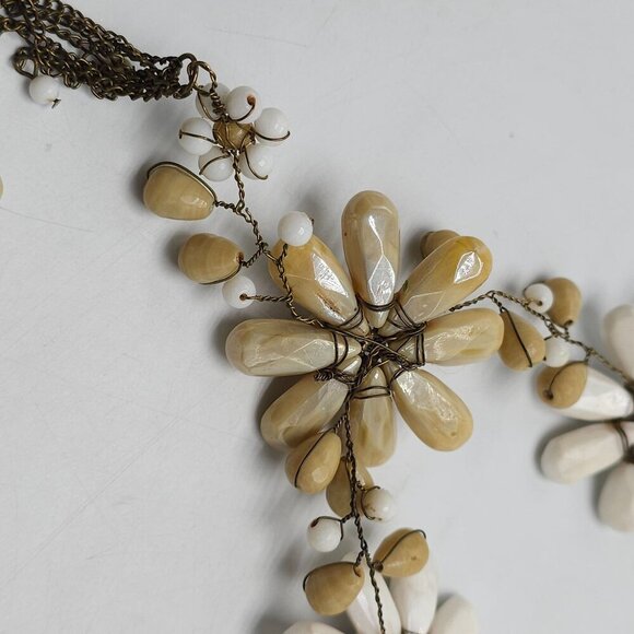 Boho Floral Necklace With Beige  White Polished Stones Chain Tassel Artisan - Picture 8 of 10